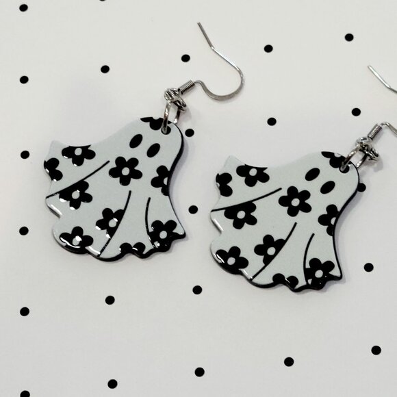 Black and White Retro Flower Ghost Earrings Stainless Steel Hooks Summerween - Picture 3 of 7